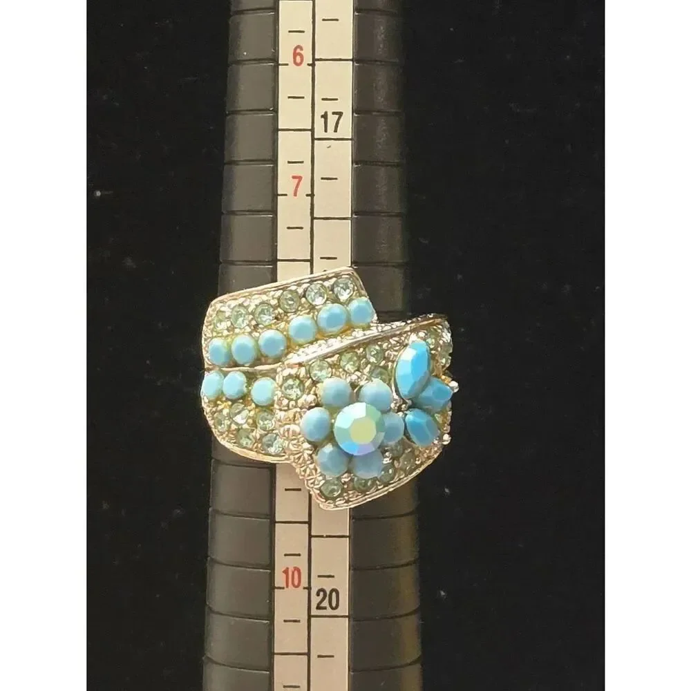 Women's Vintage Size 8.5 Blue Rhinestone & Beaded Adjustable Silver Tone Ring